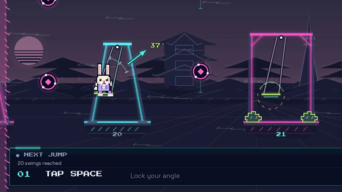 The bunny seated on a neon swing, the aiming arrow at 37 degrees and the prompt to tap