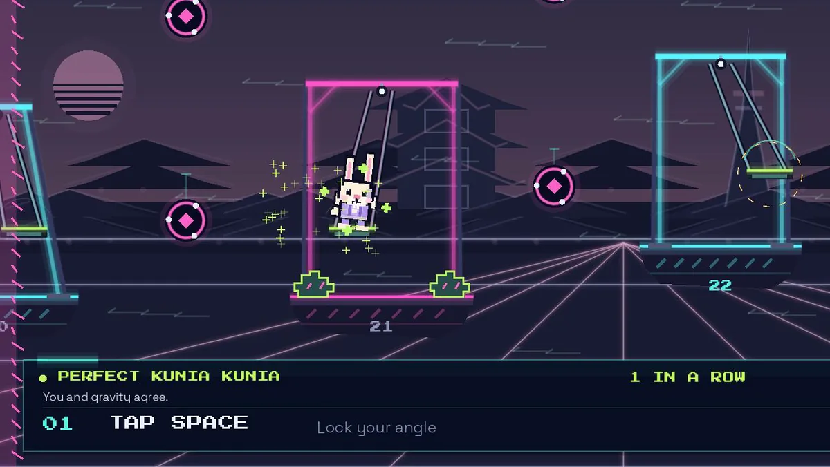 The bunny celebrating a perfect landing in the next swing seat